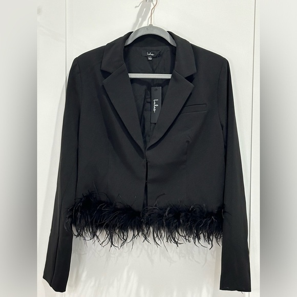 Lulus Celebratory Sweetie Crop Blazer Ostrich Feather Black Large Cocktail Chic - Picture 2 of 13